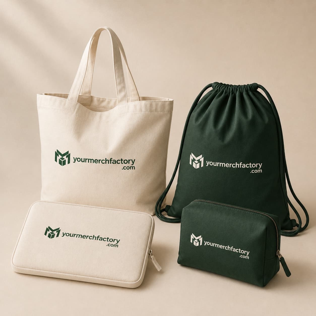 Custom branded canvas totes and laptop sleeves arranged on a light neutral surface